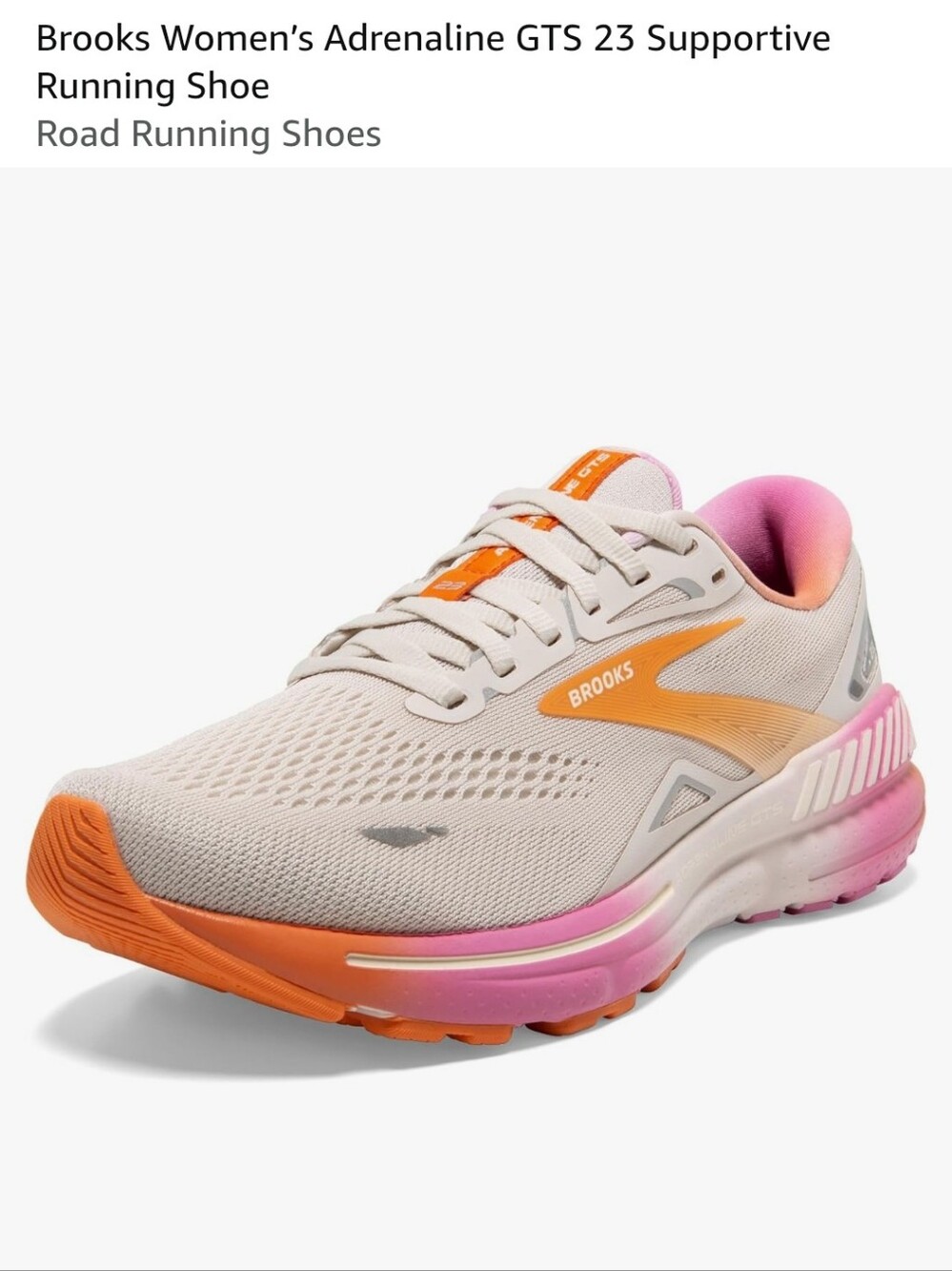 Brooks Women's Adrenaline GTS 23 Running Shoe size 10.5 - White, Orange, Pink